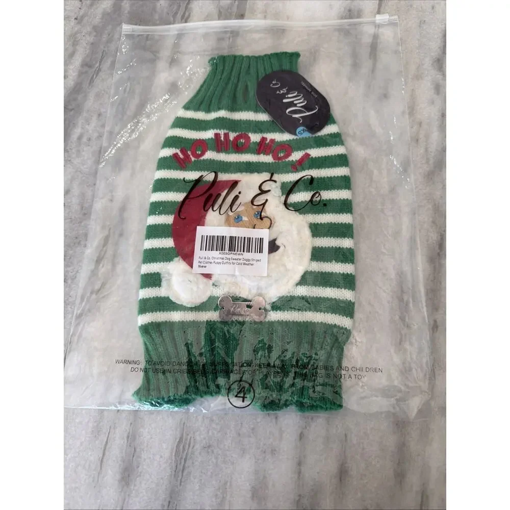 Puli & Co. Knitted Green/White Striped Santa Face Dog Sweater ~ XS~ NWT